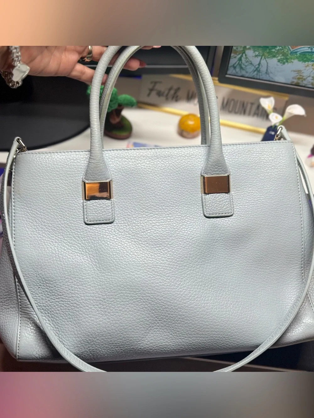 Furla Light blue Pebbled Leather Satchel with Gold Accents